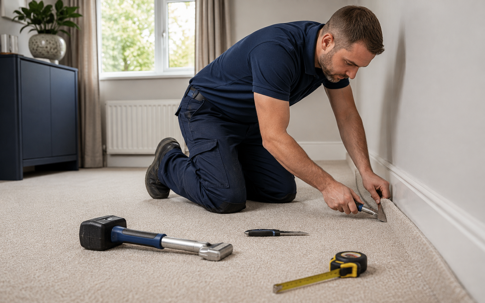 Carpet and flooring fitter completing a local installation