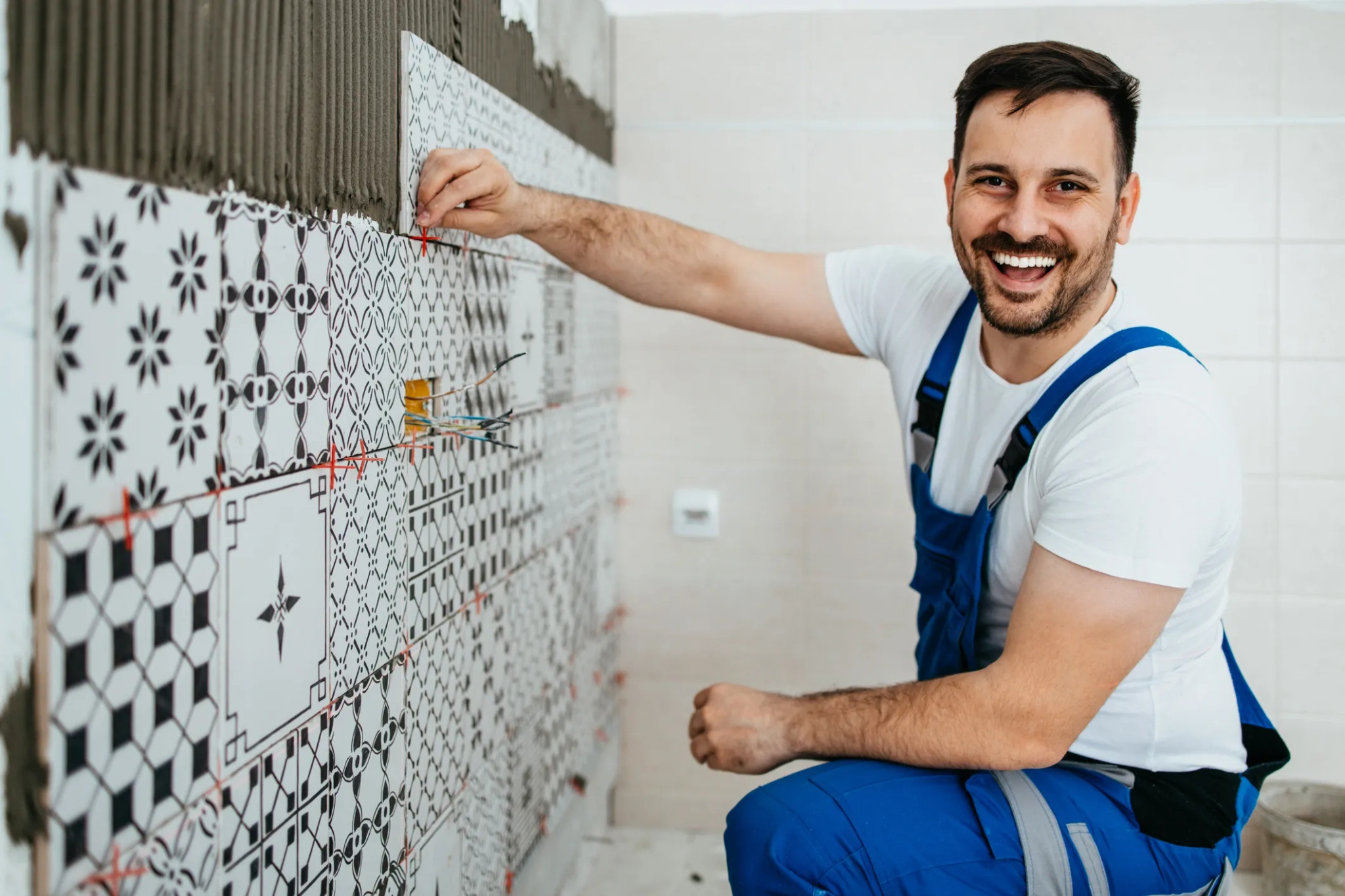 Detailed wall and floor tiling installation