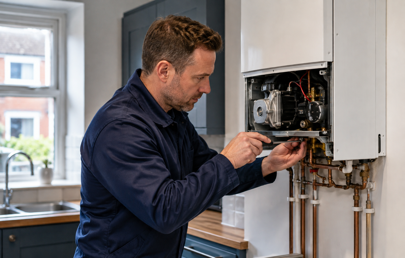 Heating and plumbing engineer working in a customer property