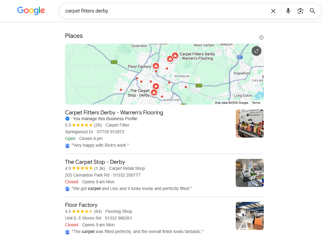 Google local search results for carpet fitters in Derby