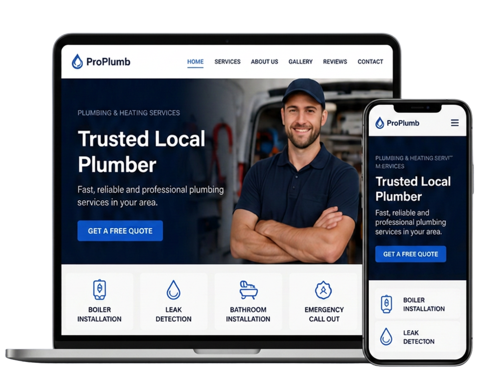 Responsive ProPlumb trade website displayed on a laptop and mobile phone